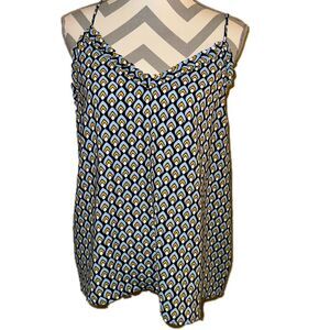 NWT Halogen Blue Art Deco Metric Print Ruffle Triangle V Neck Tank Top Large
